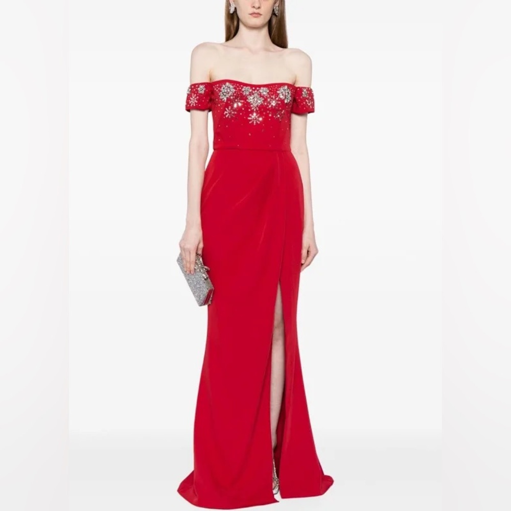 Elegant Red Off-Shoulder Evening Gown Marchesa Notte